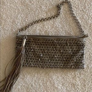 Metallic leather and chain link bag